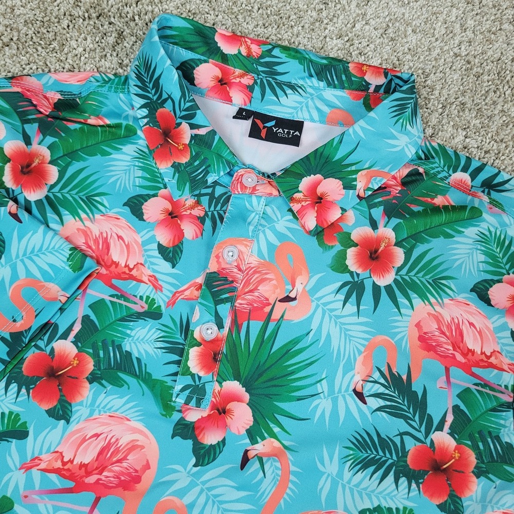 Yatta Golf Mens Large Multicolor AOP Floral Flamingo Performance Stretch Polo SS